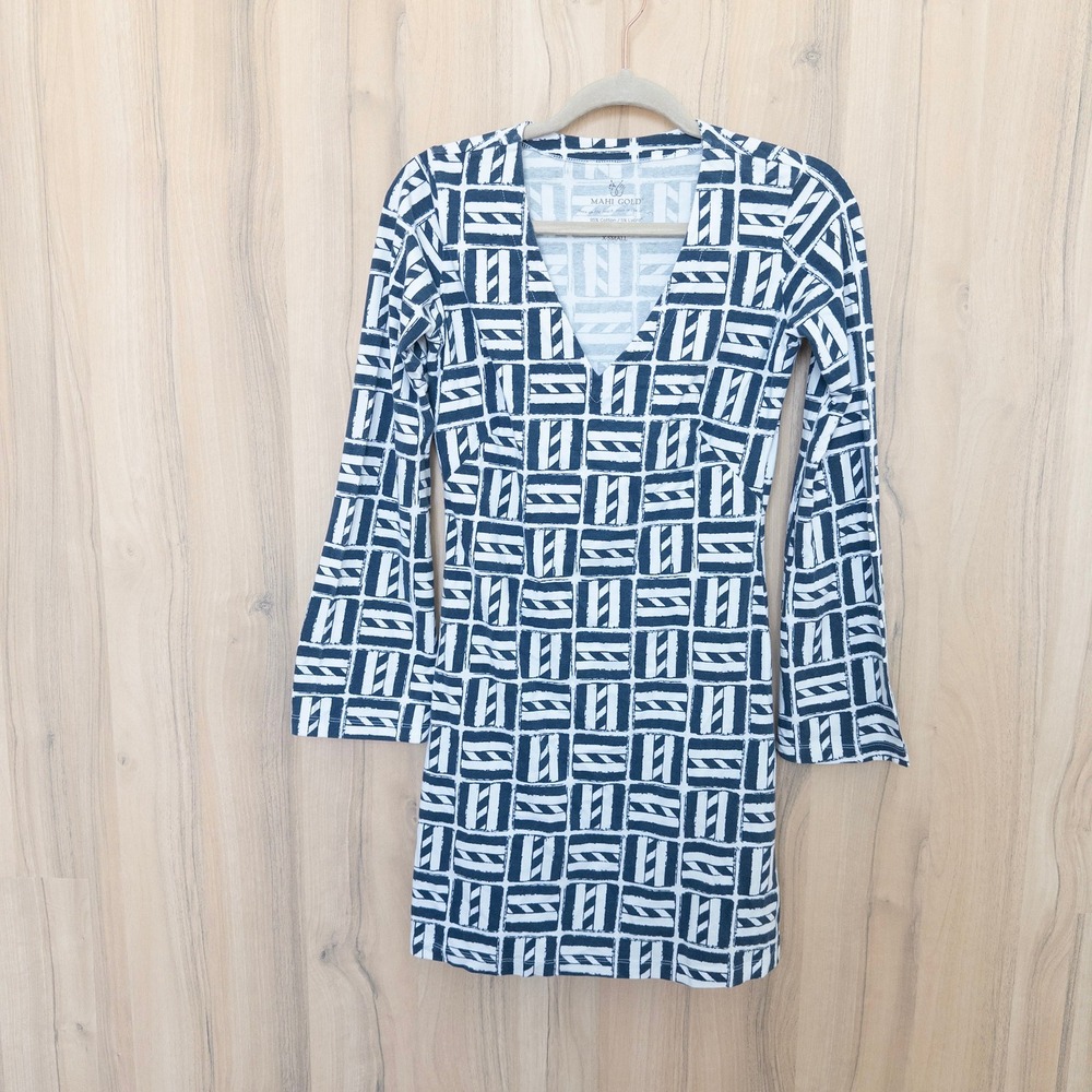 Mahi Gold Geometric Mini Dress XS Blue White Flare Sleeve Nautical Resort Preppy